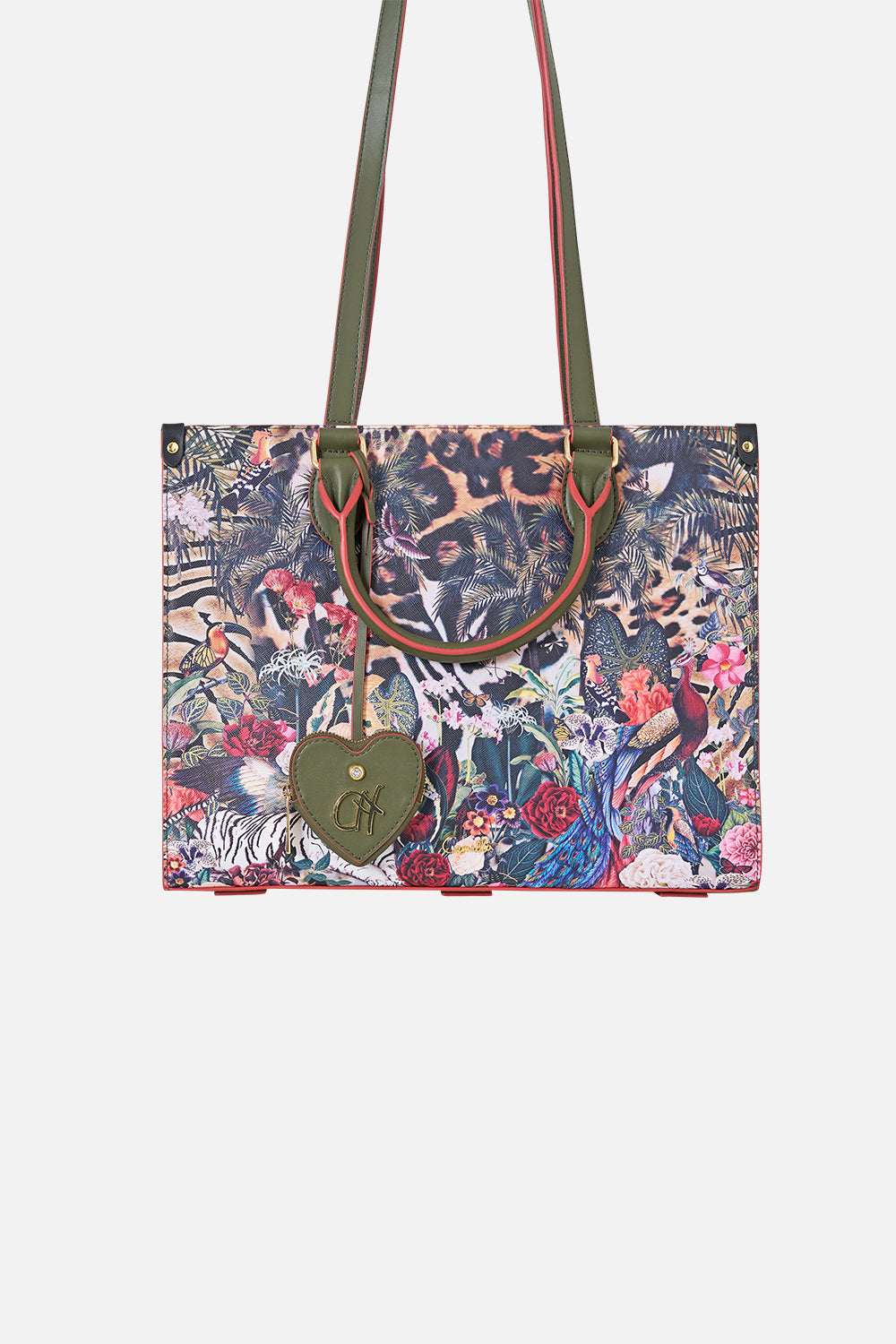 The CAMILLA East West Tote with Leather Trims in our Leotigra Land print, front view.