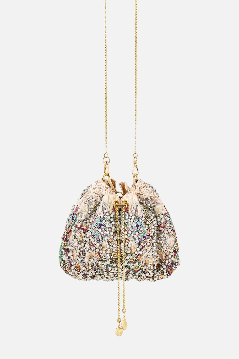 The CAMILLA Drawstring Pouch Bag with Chain Strap in our A Meeting of Masterpieces print, front view.
