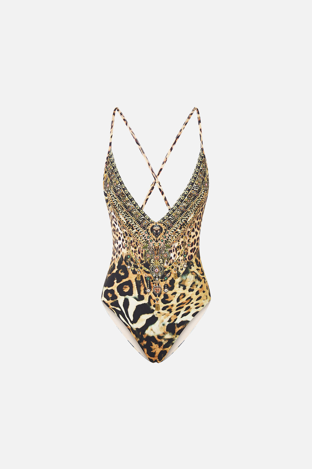 The CAMILLA Padded V Neck Cross Back One Piece Leotigra Land in our Leotigra Land print.