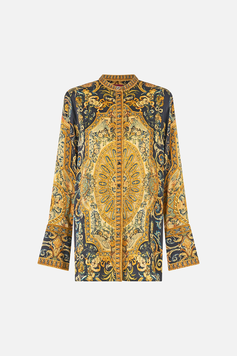 The CAMILLA LONG SLEEVE HIDDEN PLACKET SHIRT MEET ME AT THE MET in our  print.