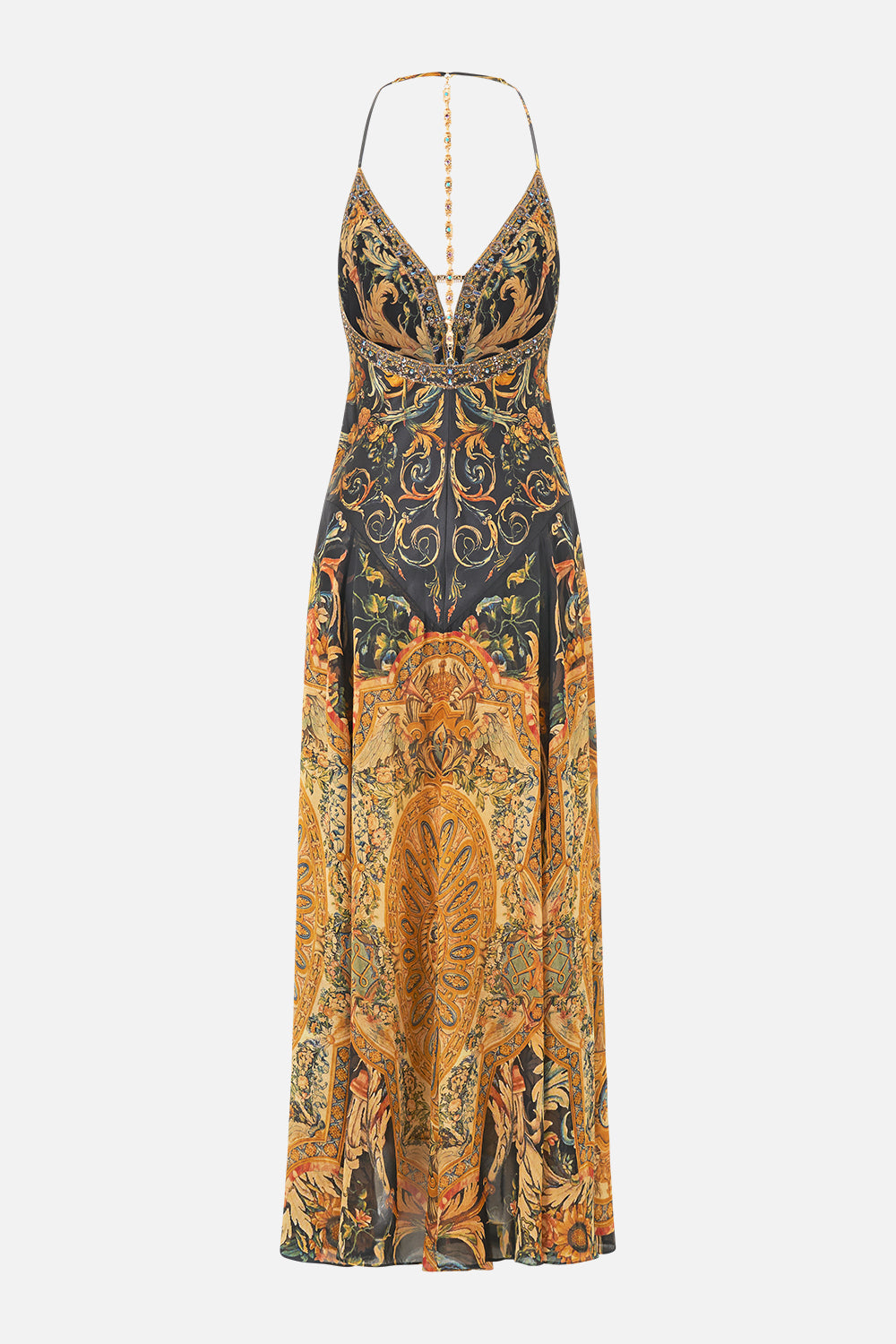 The CAMILLA LOW CUT LACE UP FRONT LONG DRESS MUSEUM MEMOIRS in our  print.