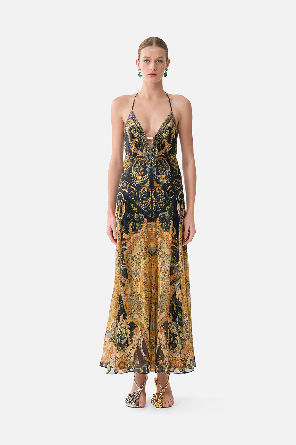 The CAMILLA LOW CUT LACE UP FRONT LONG DRESS MUSEUM MEMOIRS in our MUSEUM MEMOIRS print.