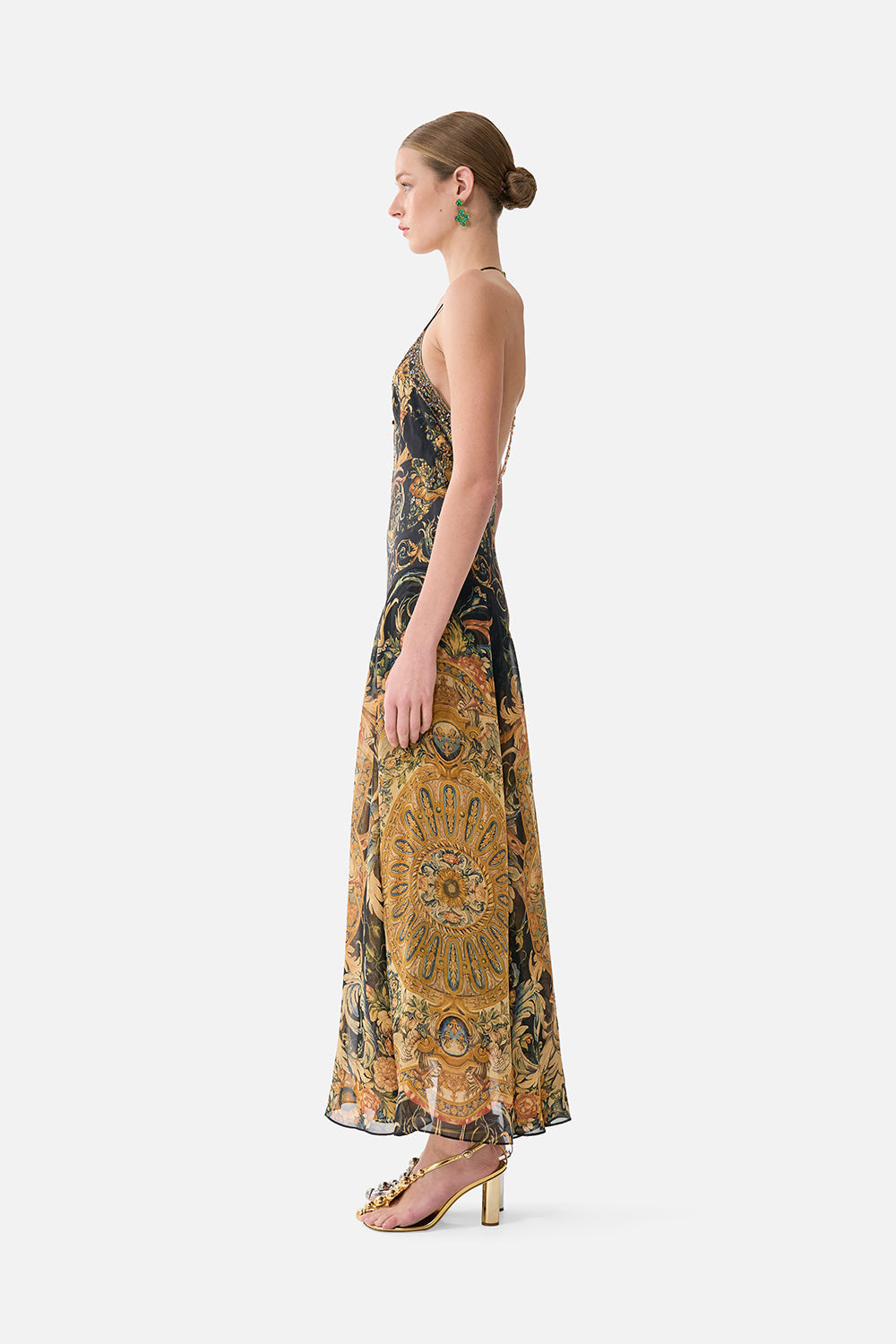 The CAMILLA LOW CUT LACE UP FRONT LONG DRESS MUSEUM MEMOIRS in our  print.