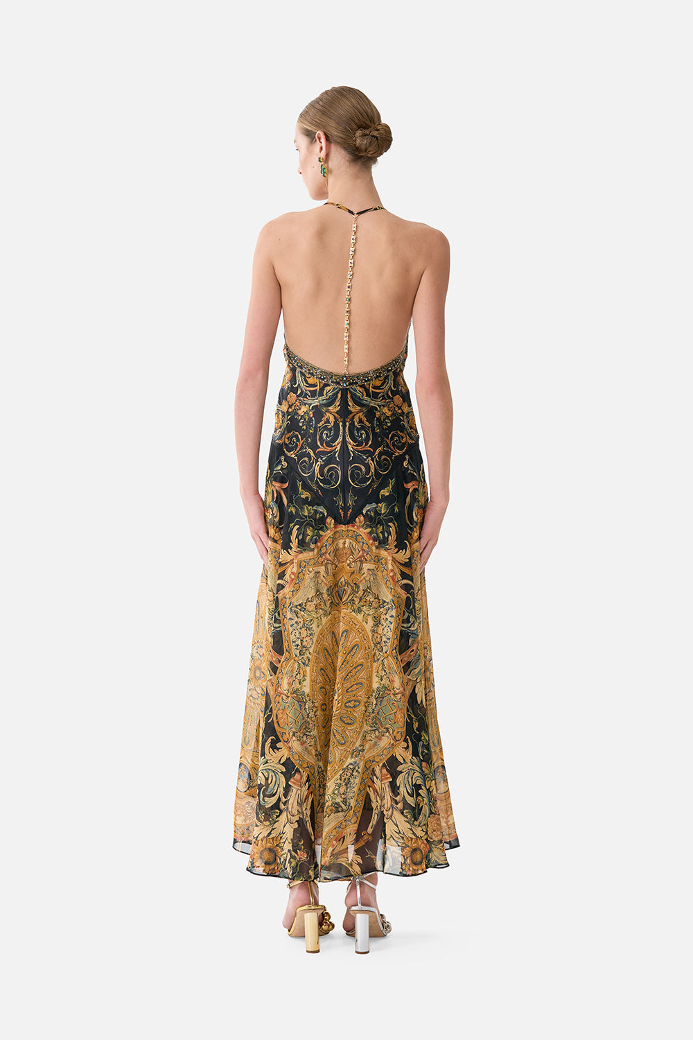 The CAMILLA LOW CUT LACE UP FRONT LONG DRESS MUSEUM MEMOIRS in our  print.