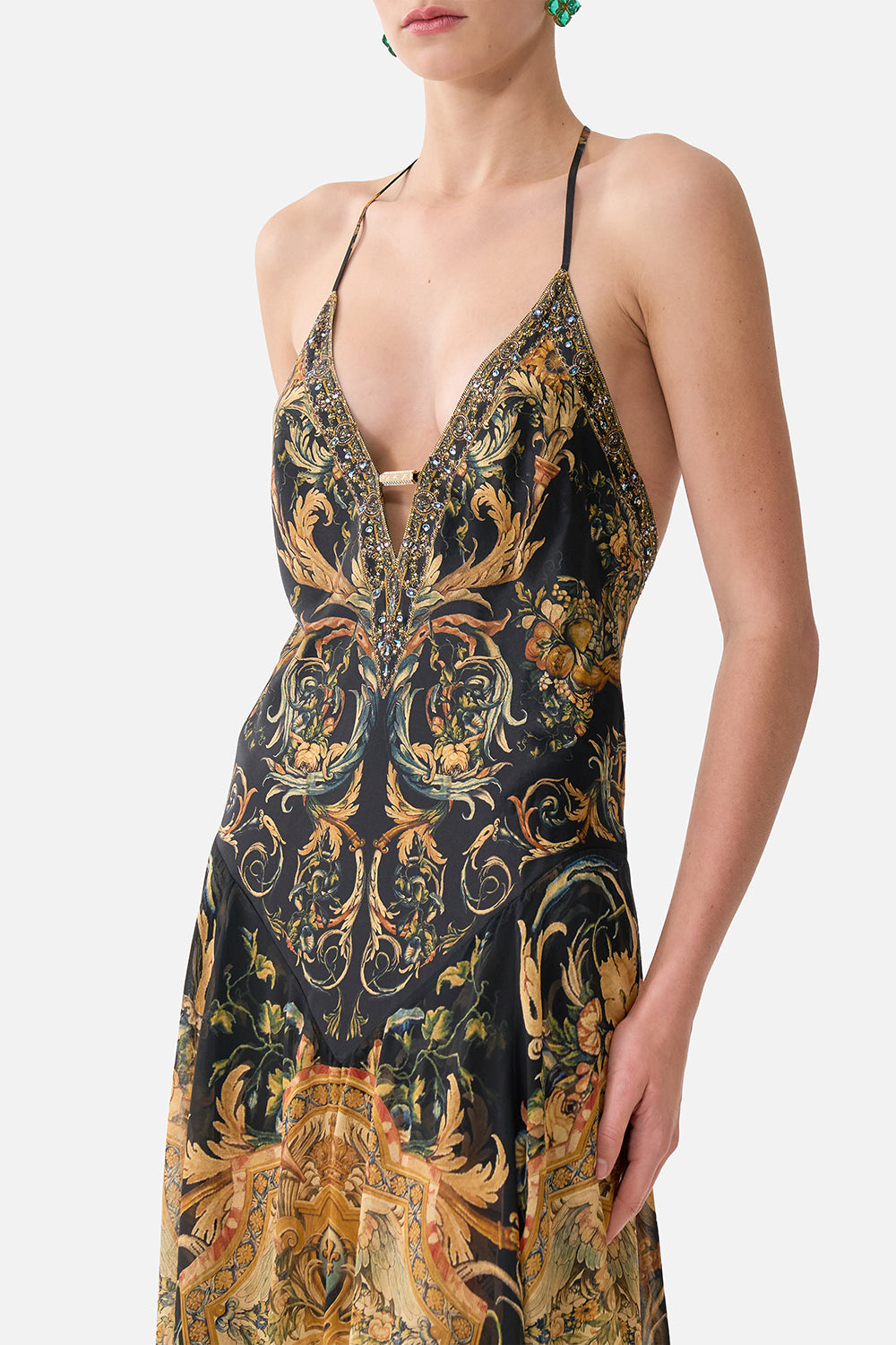 The CAMILLA LOW CUT LACE UP FRONT LONG DRESS MUSEUM MEMOIRS in our  print.