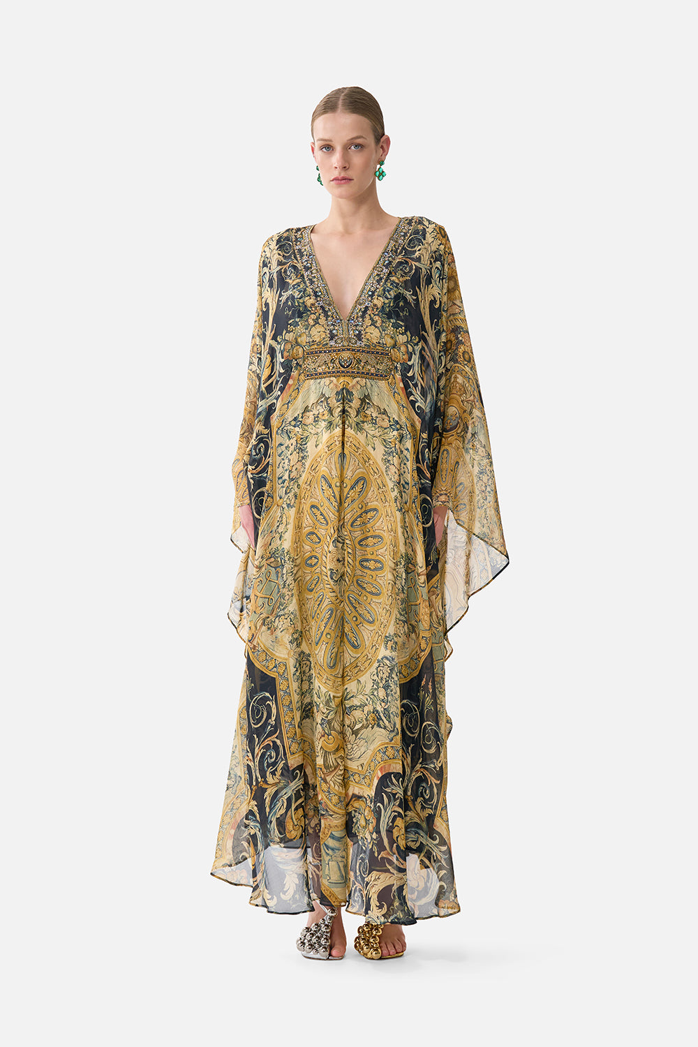 The CAMILLA Long Kaftan With Waist Detail in our Museum Memoirs print.