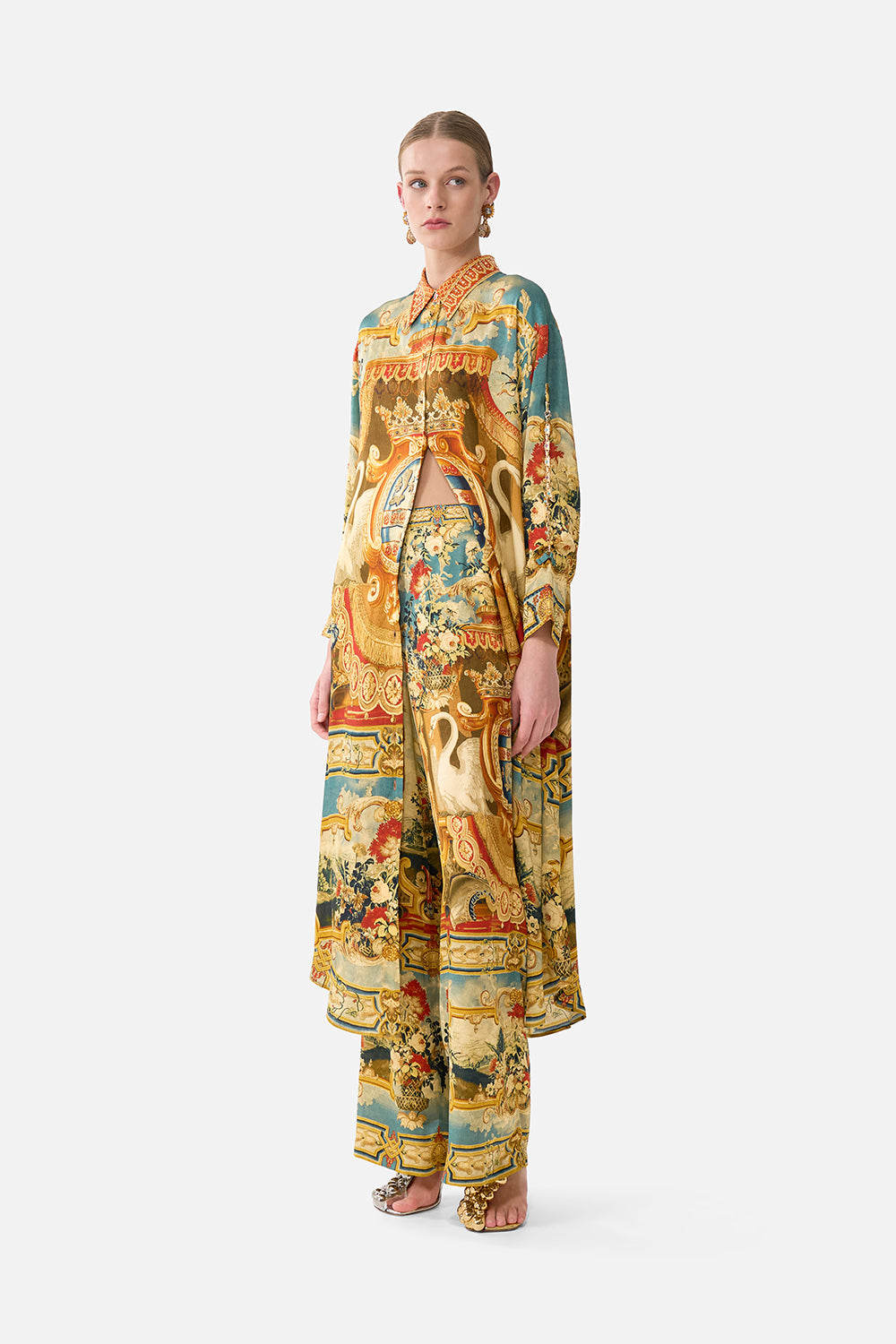 The CAMILLA SHORT WAISTBAND DRESS WITH RUFFLE SLEEVE LEOPARD LIBERTINE in our  print.