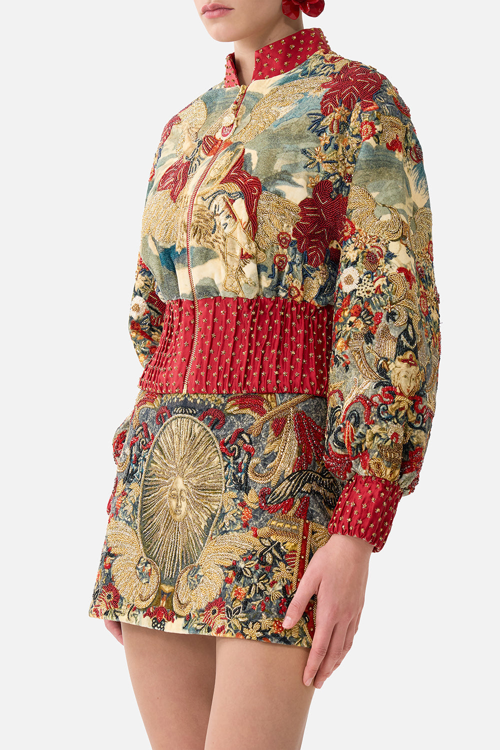 The CAMILLA Cropped Bomber Jacket in our Meet Me At The Met print.