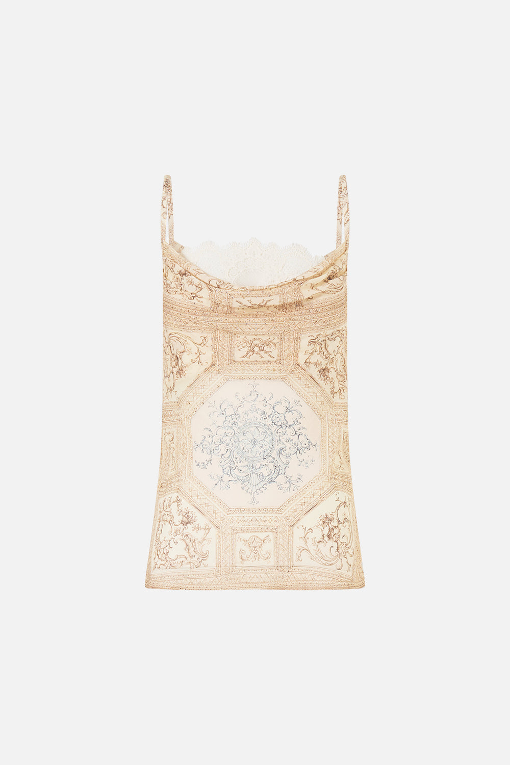 The CAMILLA Cowl Neck Cami With Lace in our A Beloved Boudoir print.