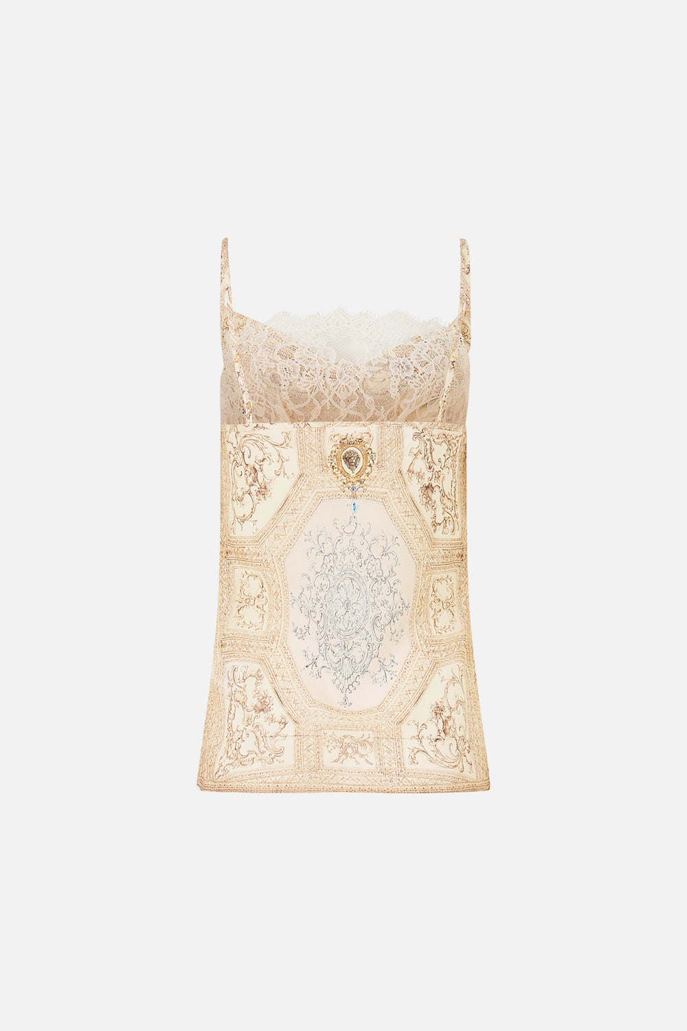 The CAMILLA Cowl Neck Cami With Lace in our A Beloved Boudoir print.