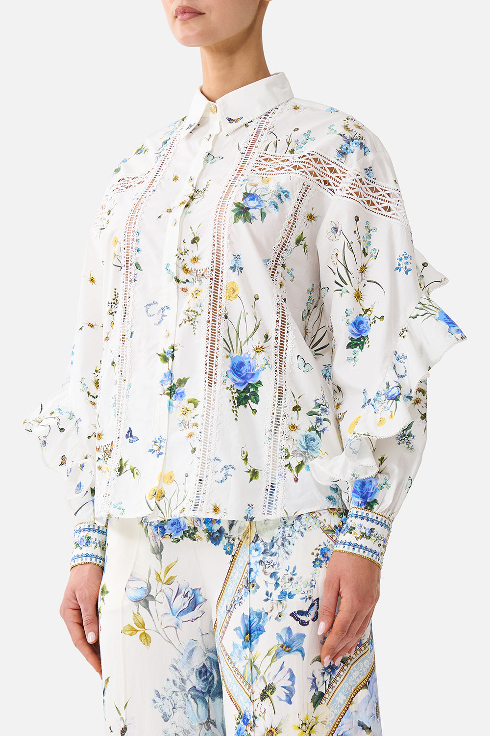 The CAMILLA BUTTON SHIRT WITH FRILL DETAIL DANDELION SKIES
