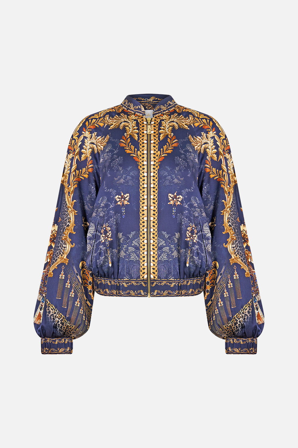 The CAMILLA Bomber Jacket with Shirred Cuff in our Cloaked in Baroque print, front view.