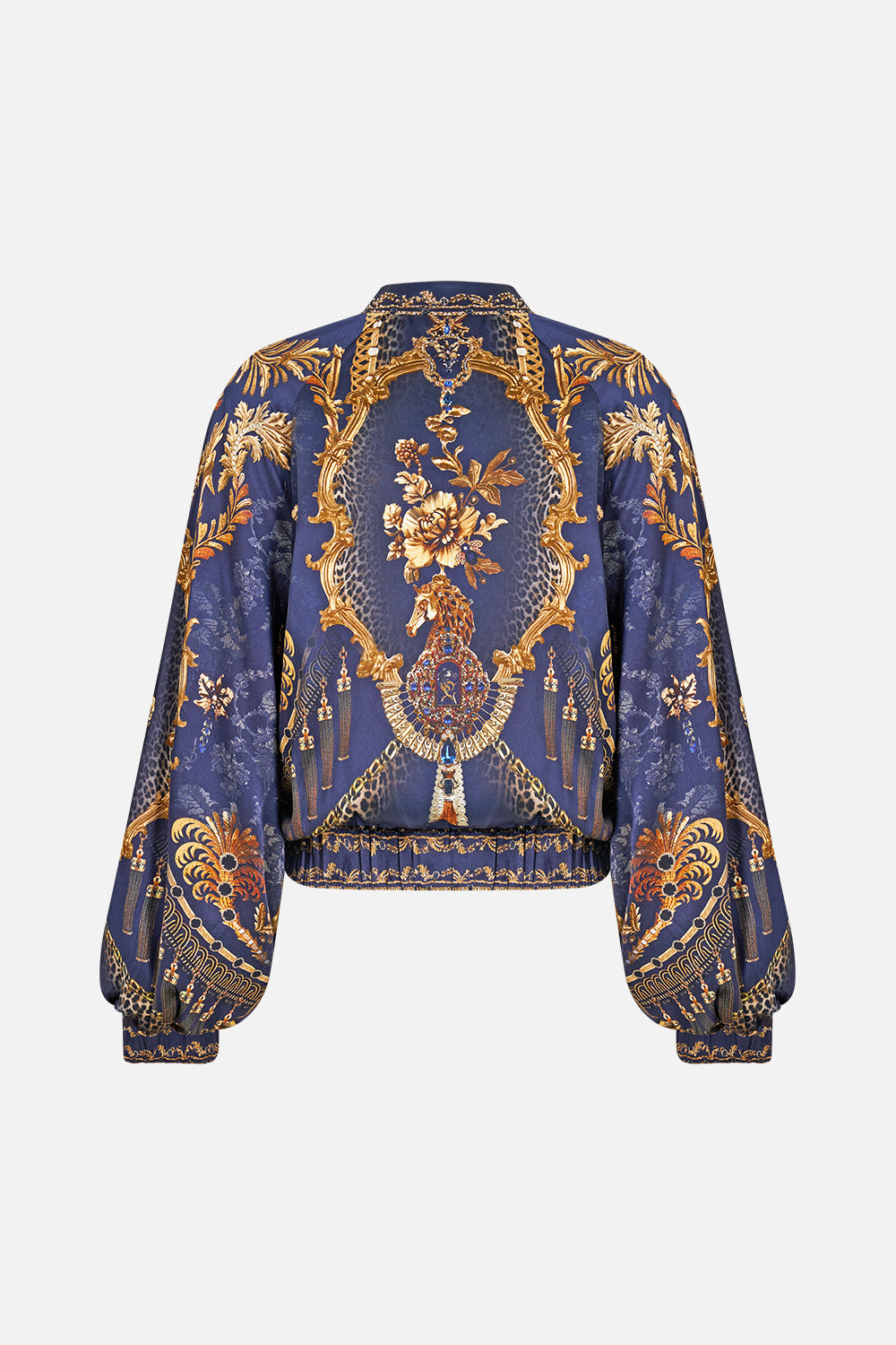 The CAMILLA Bomber Jacket with Shirred Cuff in our Cloaked in Baroque print, back view.