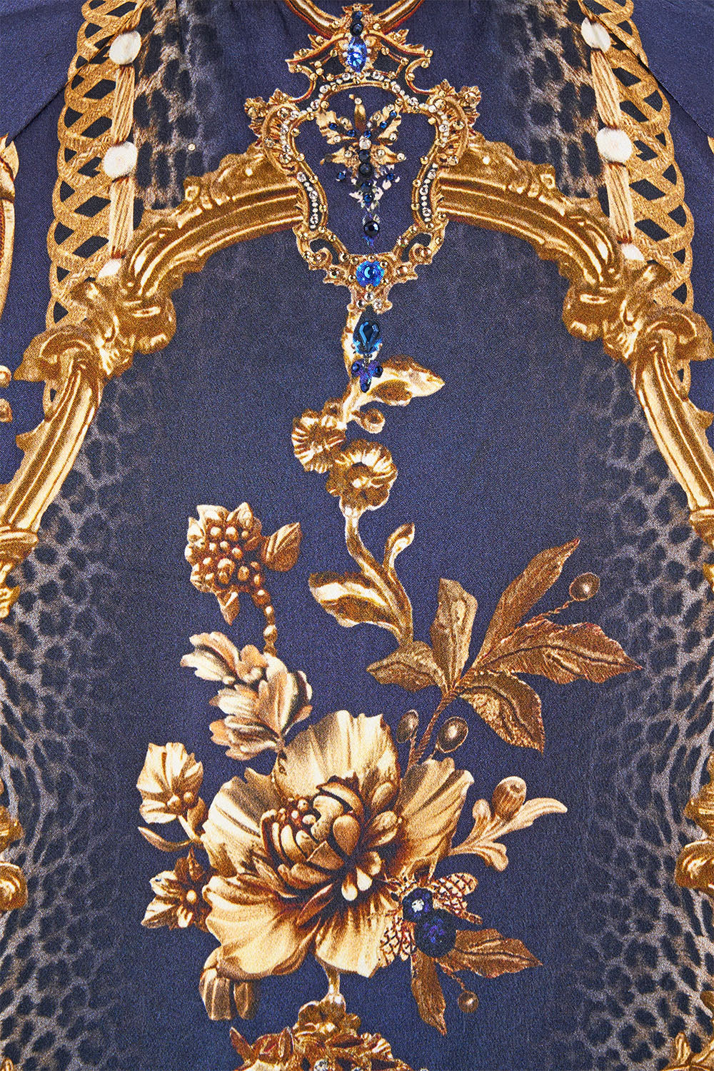 The CAMILLA Bomber Jacket with Shirred Cuff in our Cloaked in Baroque print, fabric detail.