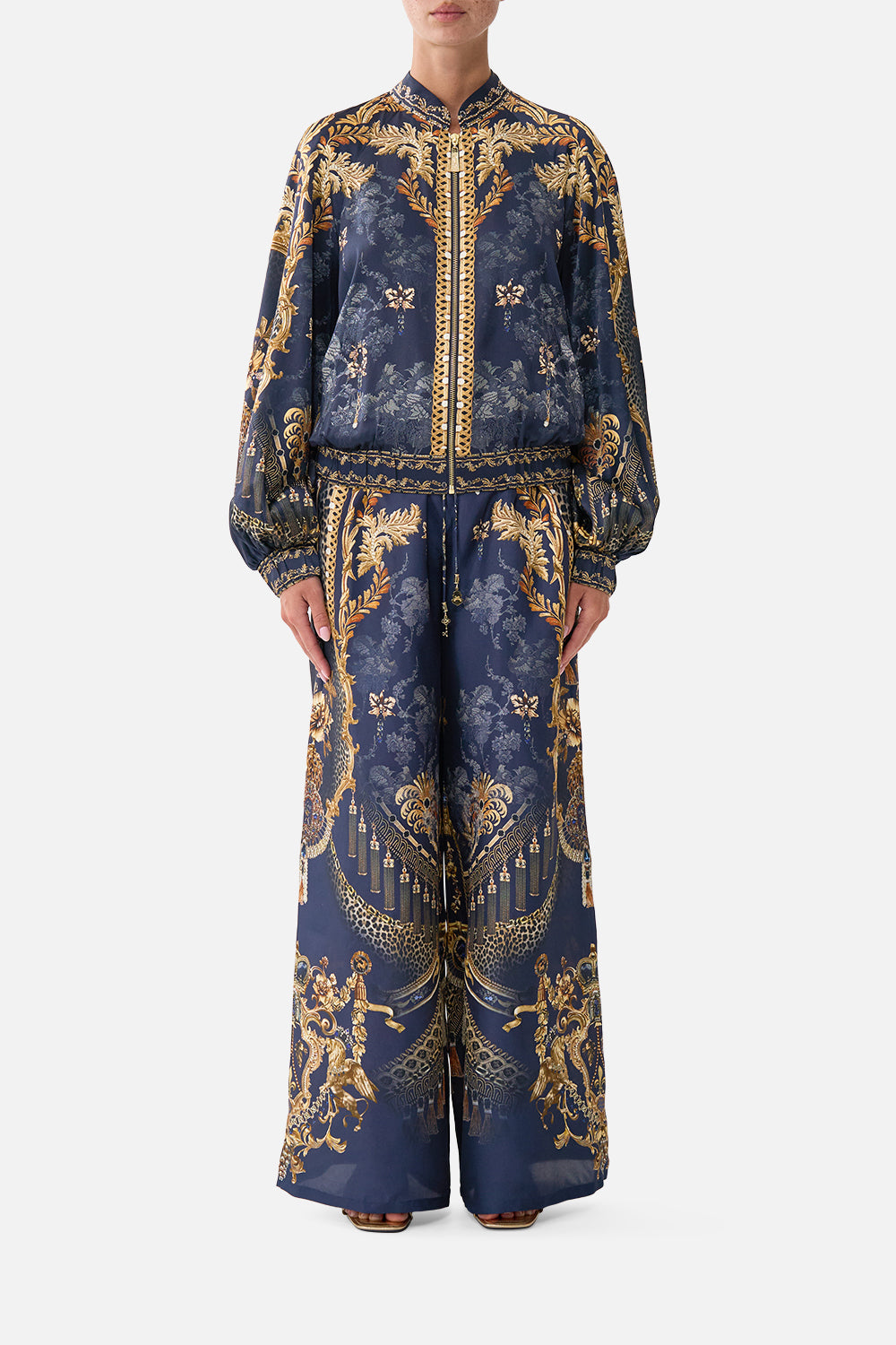 The CAMILLA Bomber Jacket with Shirred Cuff in our Cloaked in Baroque print, front view on model.