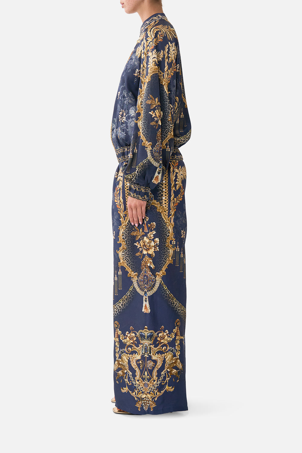 The CAMILLA Bomber Jacket with Shirred Cuff in our Cloaked in Baroque print, side view on model.