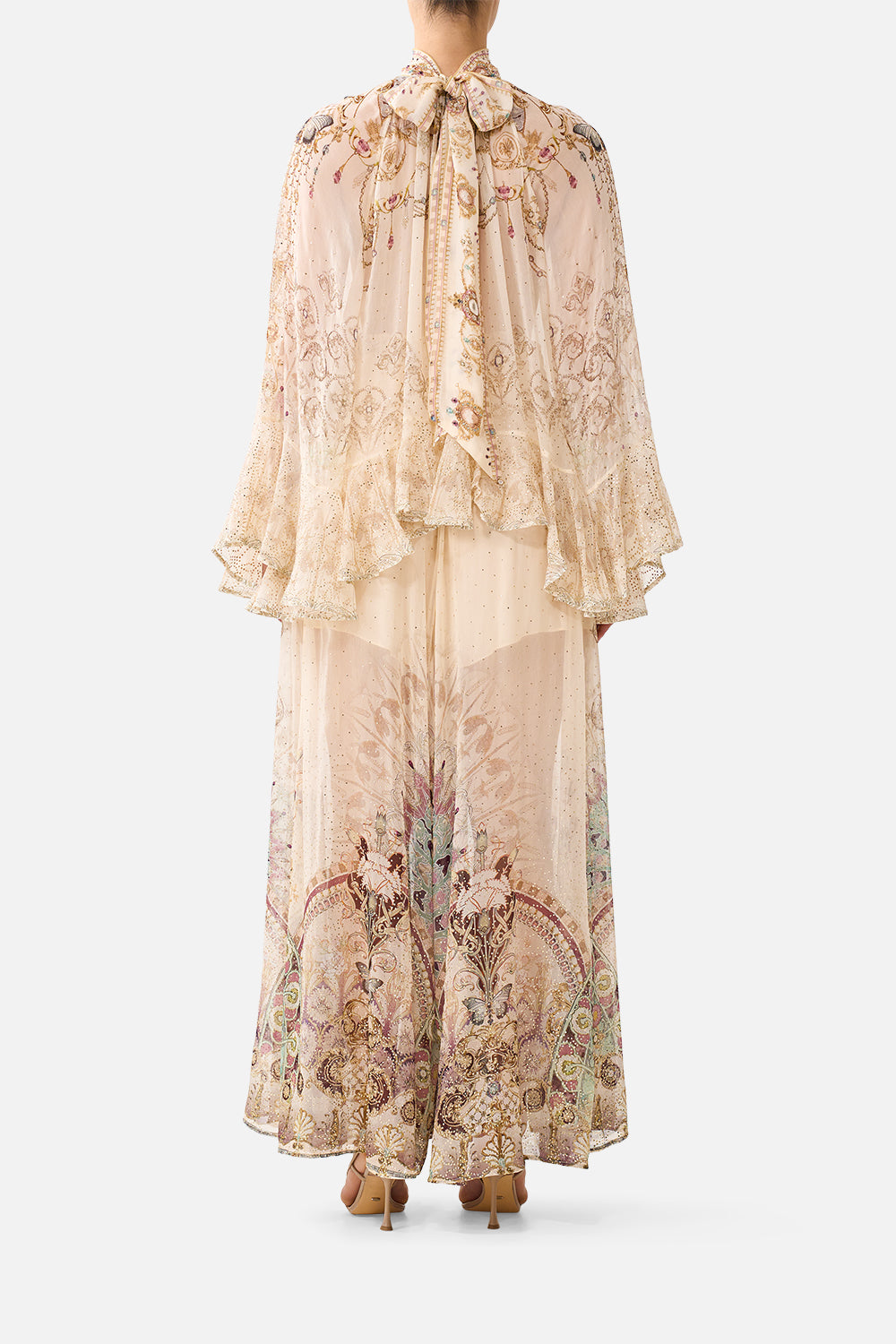 The CAMILLA Sheer Wide Leg Pant in our A Meeting of Masterpieces print, back view on model.