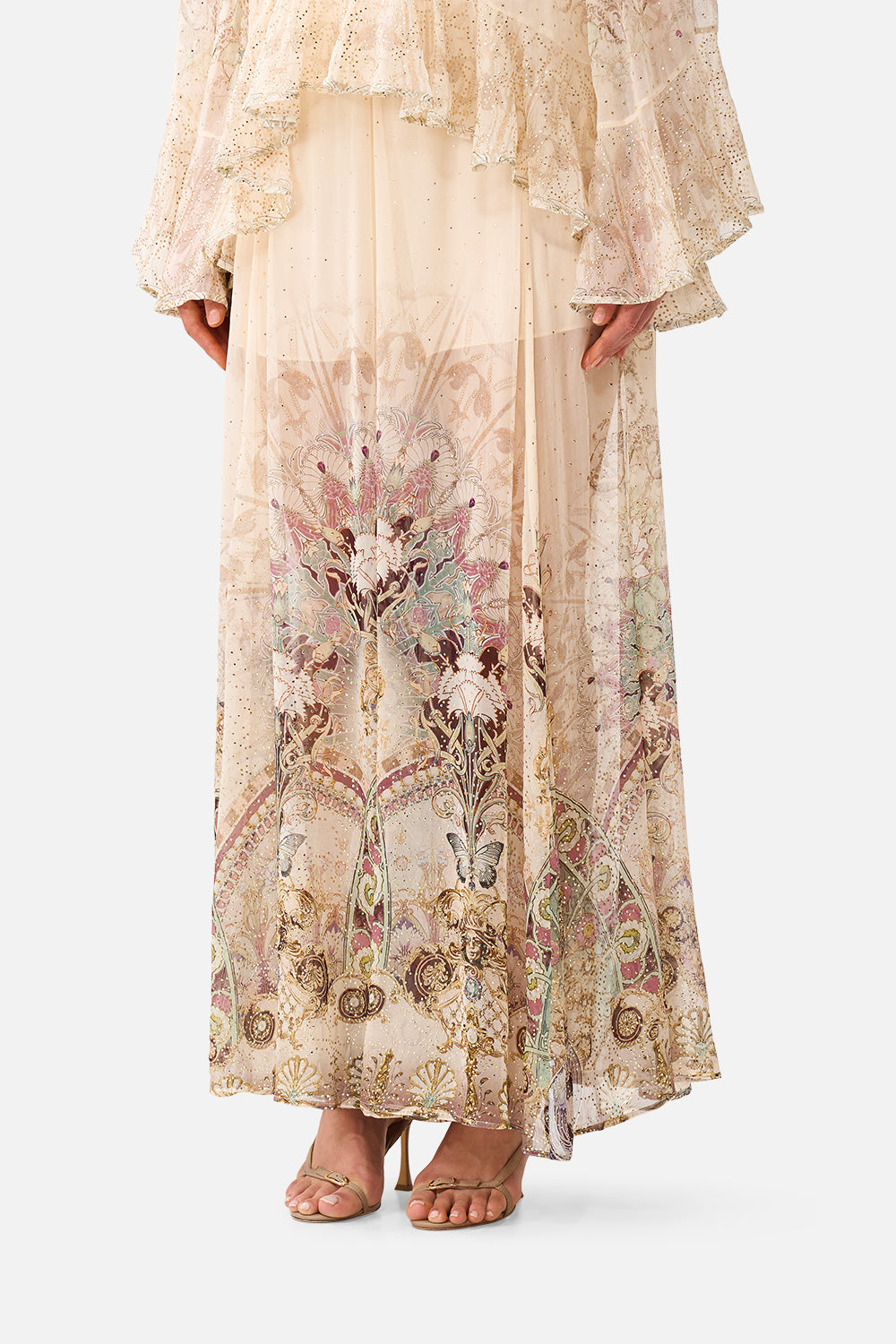 The CAMILLA Sheer Wide Leg Pant in our A Meeting of Masterpieces print, detail view on model.
