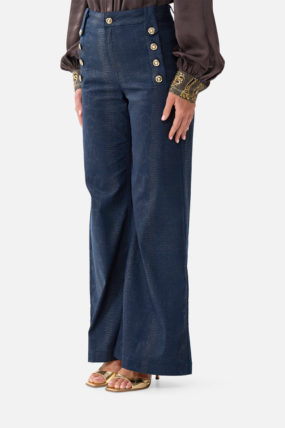 The CAMILLA Amanda Flare Jean with Hardware Detail Denim in our Denim print.