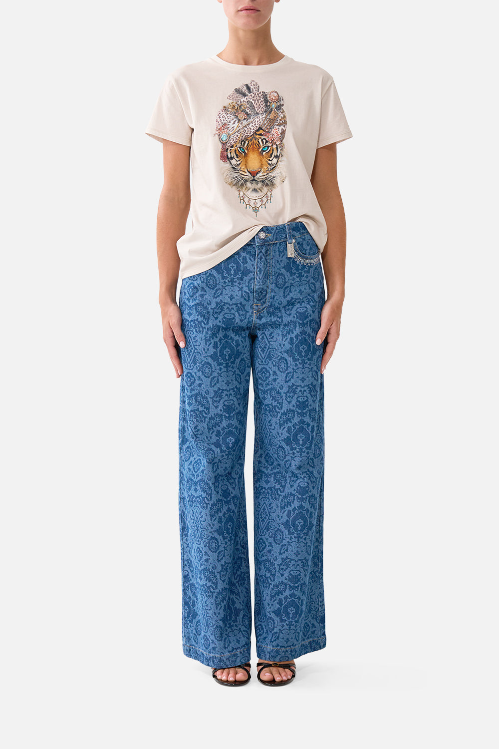 The CAMILLA LONG TIERED DRESS WITH BOW TIES CERAMIC PANORAMIC in our  print.