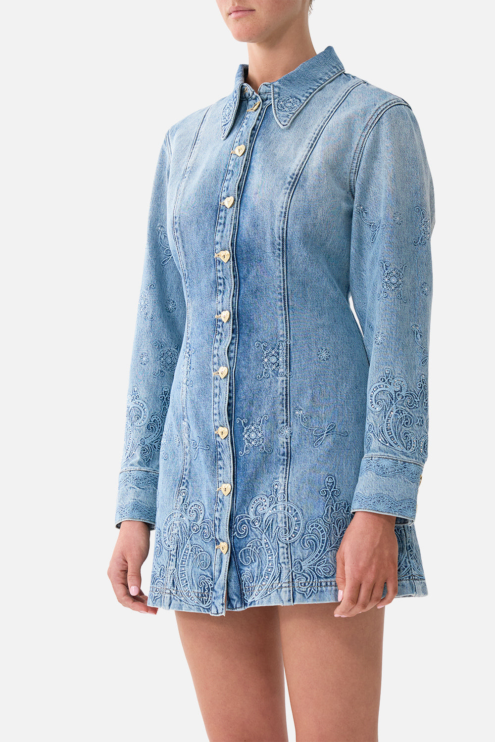 The CAMILLA Shirt Dress With A Line Skirt Denim in our Denim print.