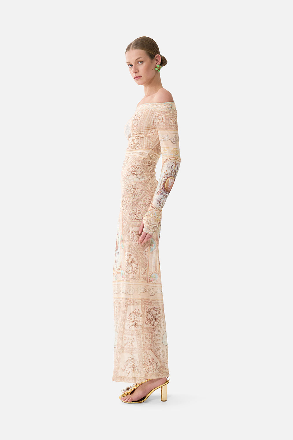 The CAMILLA V NECK FULL LENGTH BIAS SLIP DRESS THE PORCELAIN PARLOUR in our  print.
