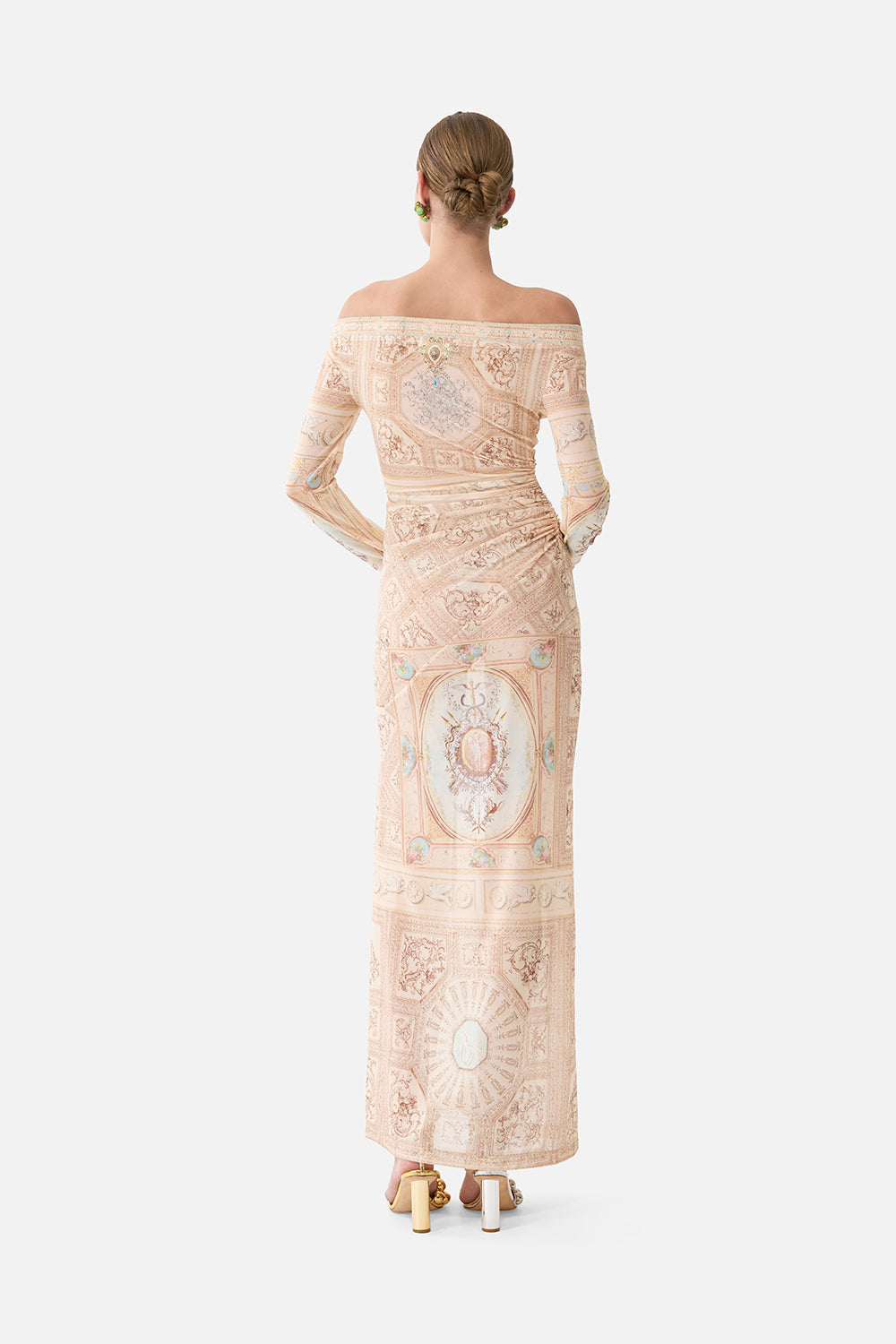 The CAMILLA Mesh Off Shoulder Gathered Jersey Dress in our A Beloved Boudoir print.
