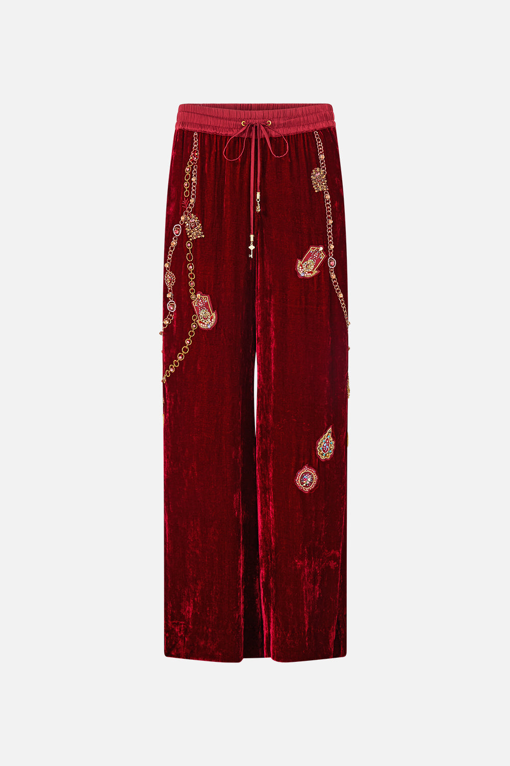 The CAMILLA Velvet Relaxed Track Pant with Side Panel in our Call Me a Carriage print, front view.
