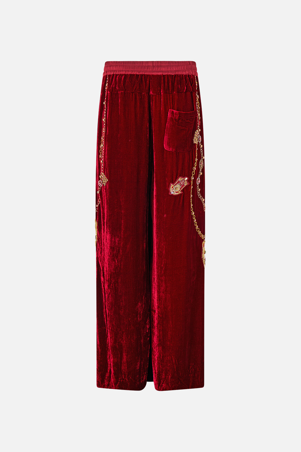 The CAMILLA Velvet Relaxed Track Pant with Side Panel in our Call Me a Carriage print, back view.