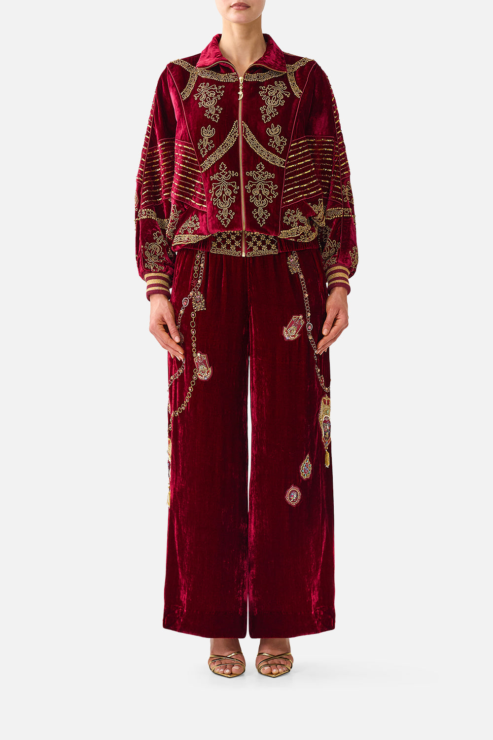 The CAMILLA Velvet Relaxed Track Pant with Side Panel in our Call Me a Carriage print, front view on model.