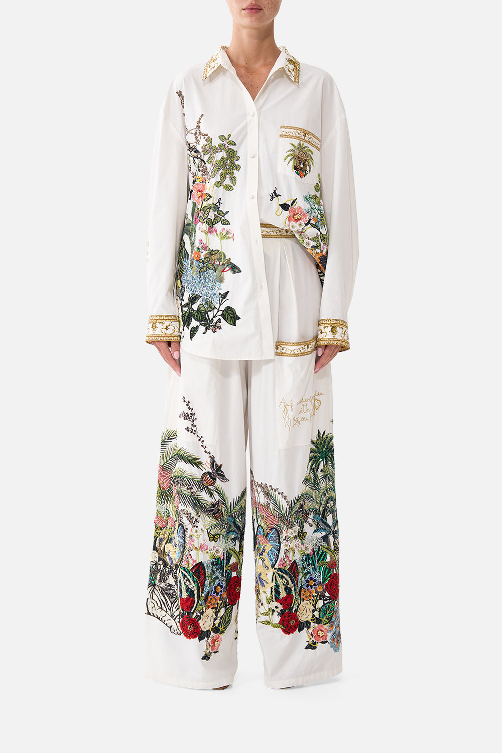 The CAMILLA Wide Leg Trouser with Front Pockets in our Wanderlust Empire print, front view on model.