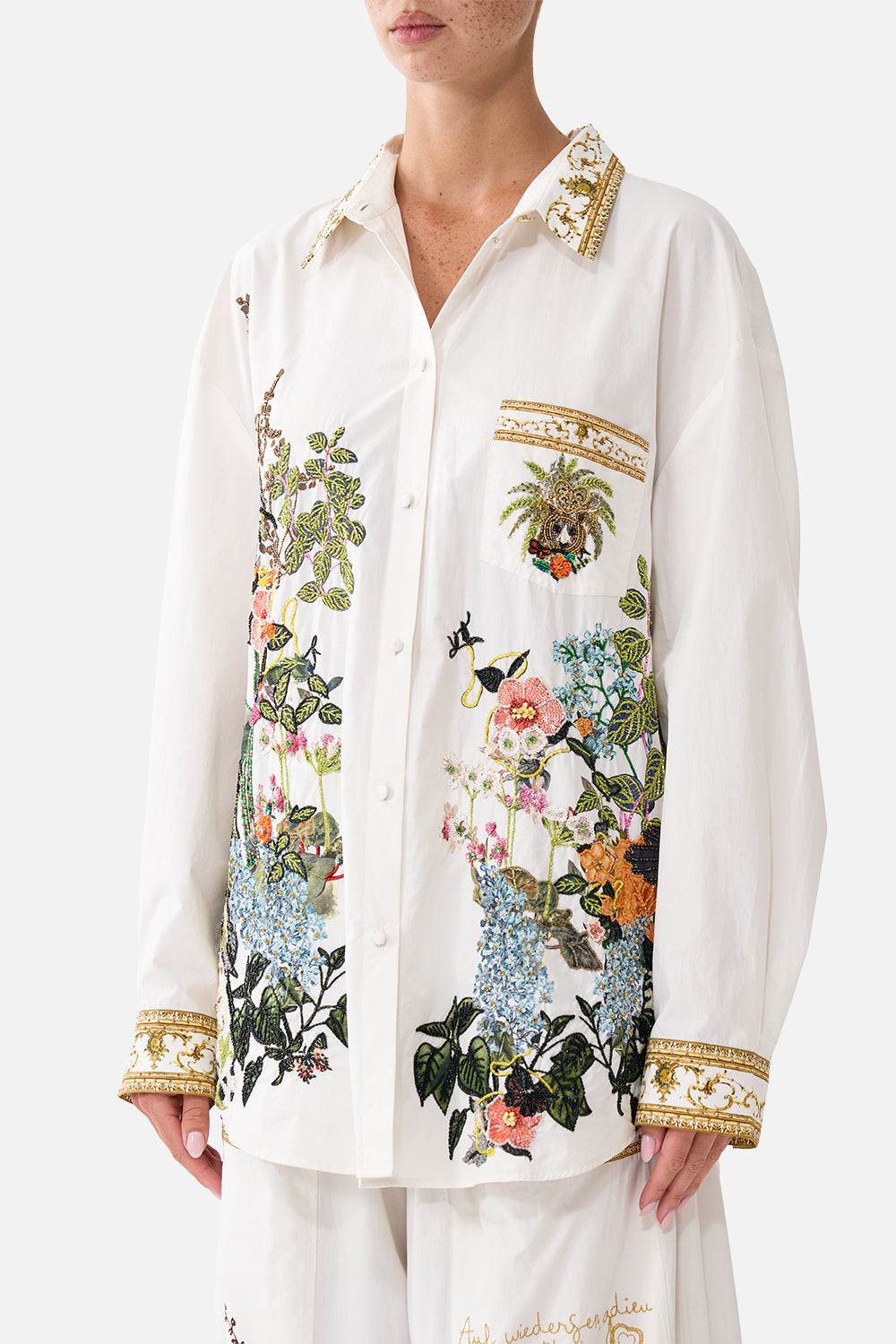 The CAMILLA Long Sleeve Oversized Shirt With Pocket Wanderlust Empire in our Wanderlust Empire print.