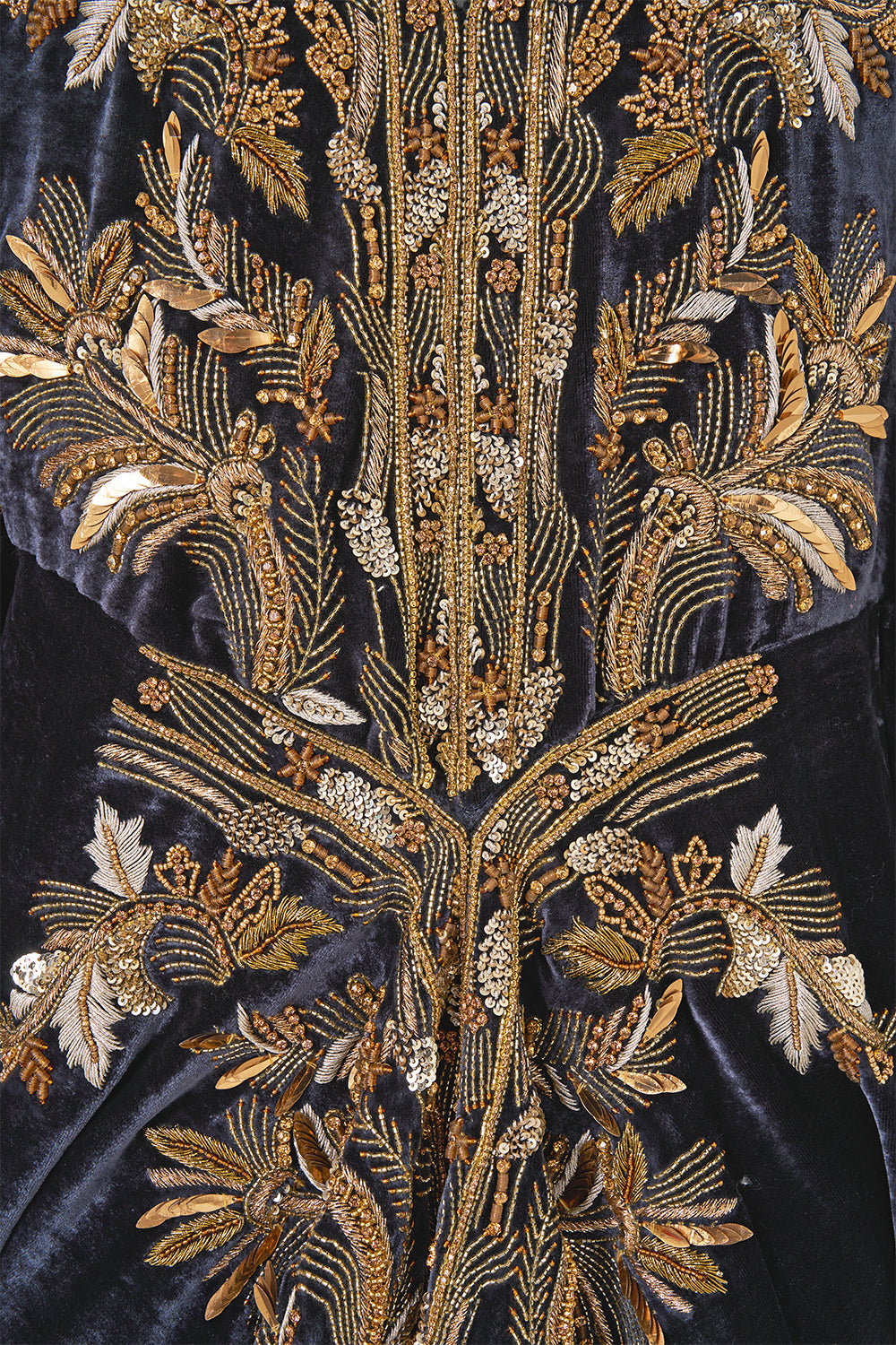 The CAMILLA Long V Neck Kaftan with Split Front in our Cloaked in Baroque print, fabric detail.