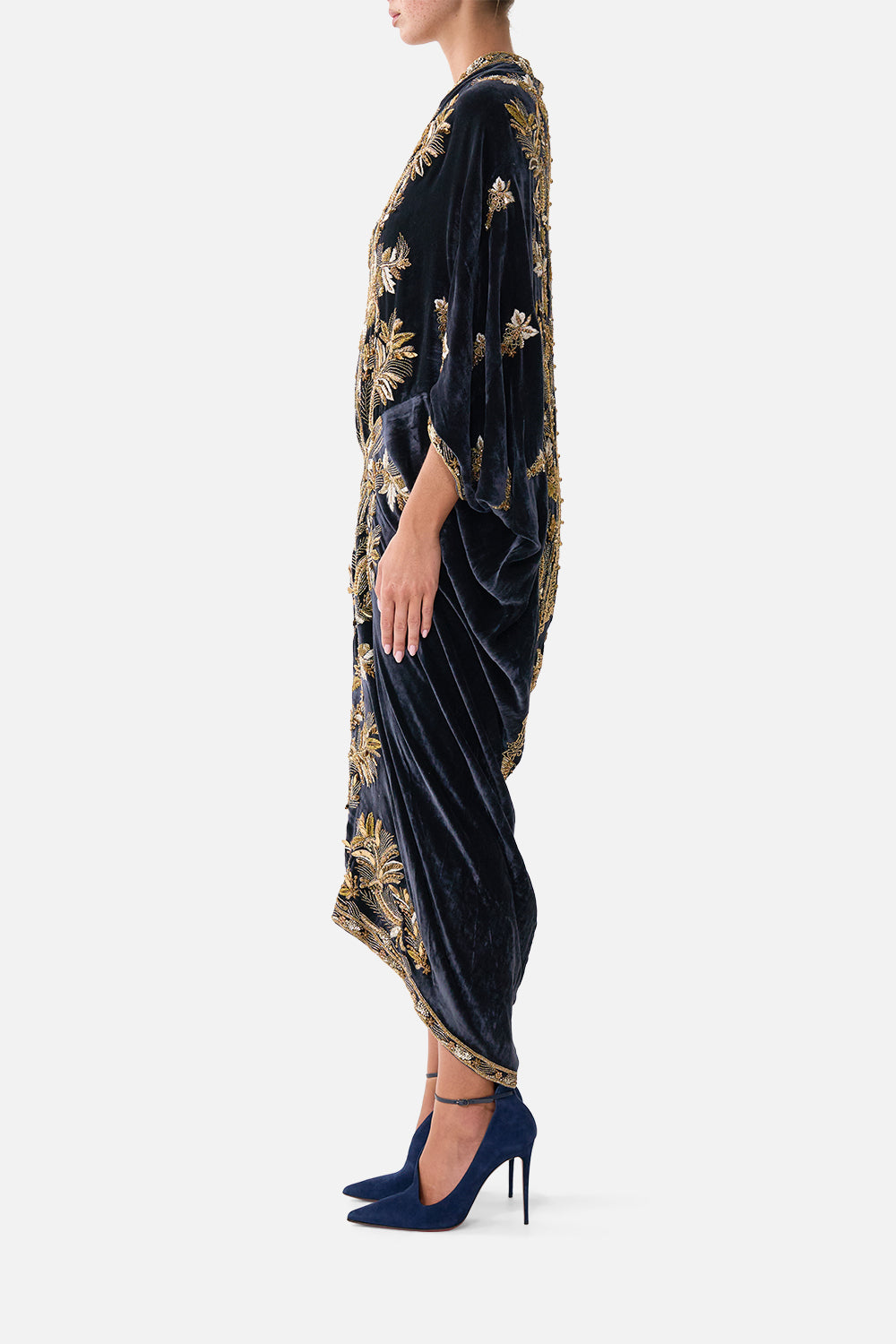 The CAMILLA Long V Neck Kaftan with Split Front in our Cloaked in Baroque print, side view on model.
