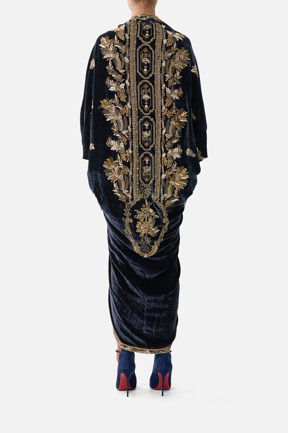 The CAMILLA Long V Neck Kaftan with Split Front in our Cloaked in Baroque print, back view on model.