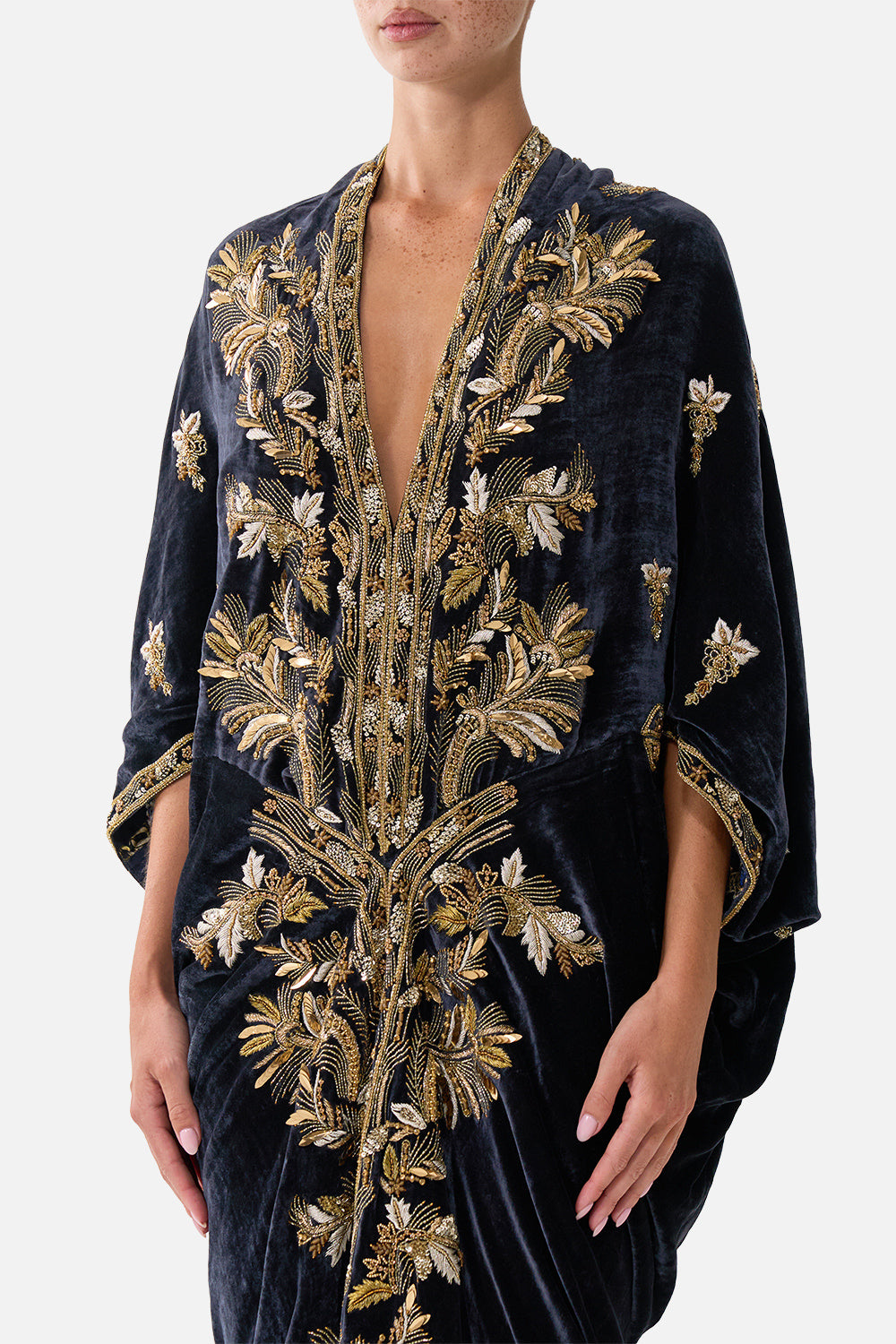 The CAMILLA Long V Neck Kaftan with Split Front in our Cloaked in Baroque print, detail view on model.
