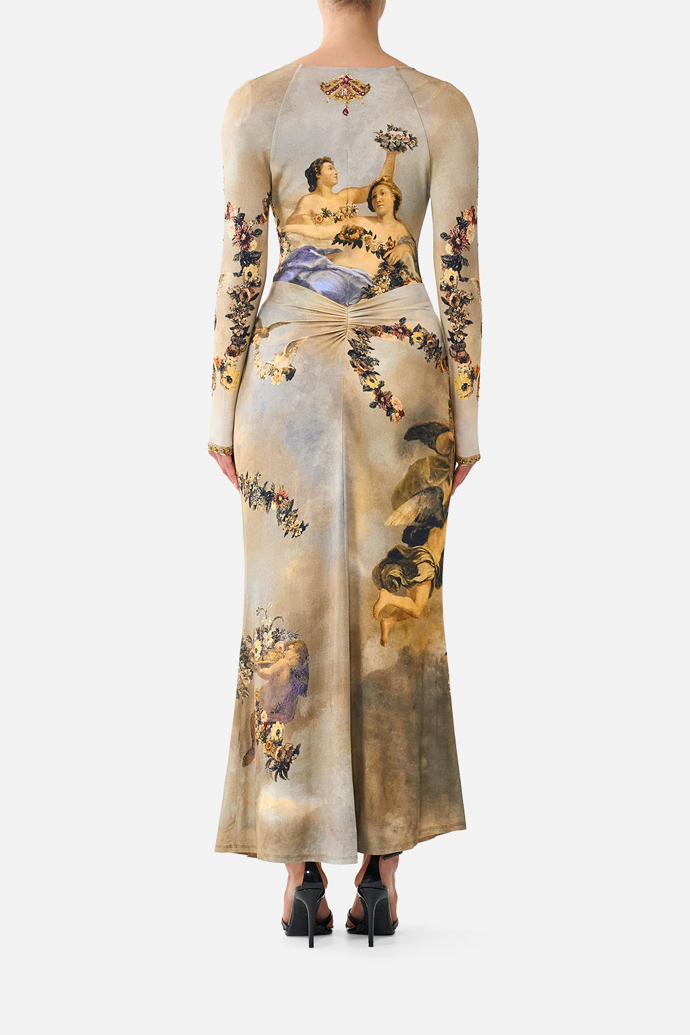 GATHERED V NECK LONG DRESS QUEEN OF BOHEMIA
