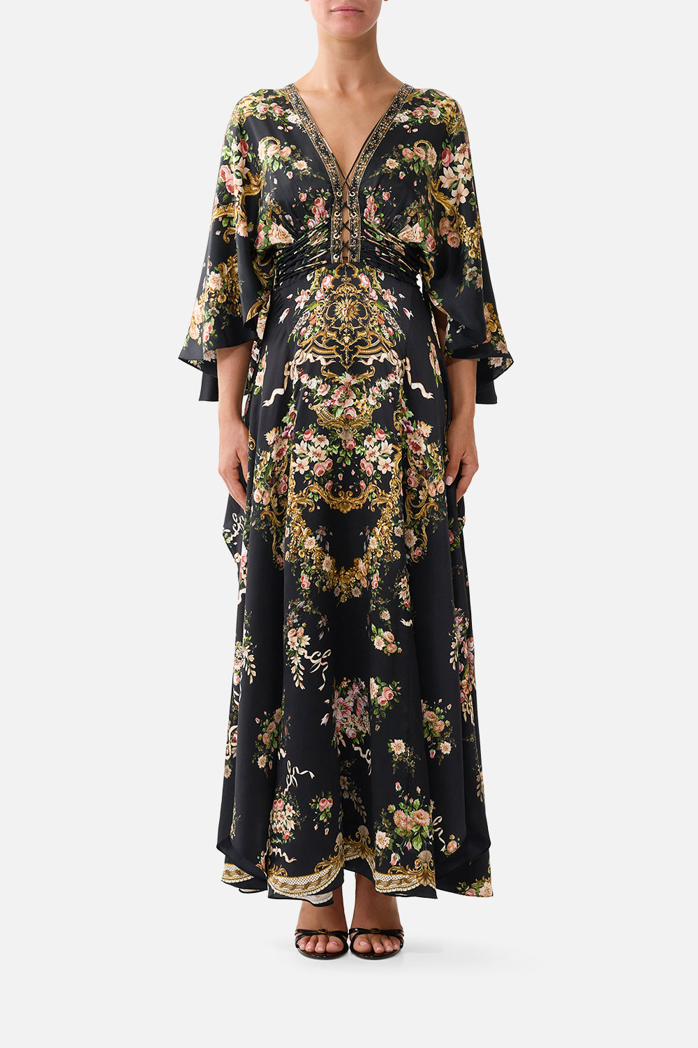 V NECK LACE UP DETAIL LONG DRESS VERSAILLES OR DIE
