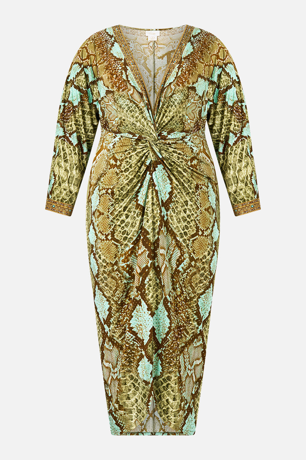 The CAMILLA Long Split Front Twist Dress in Print My Sweet Serpentine. Ghost View Front