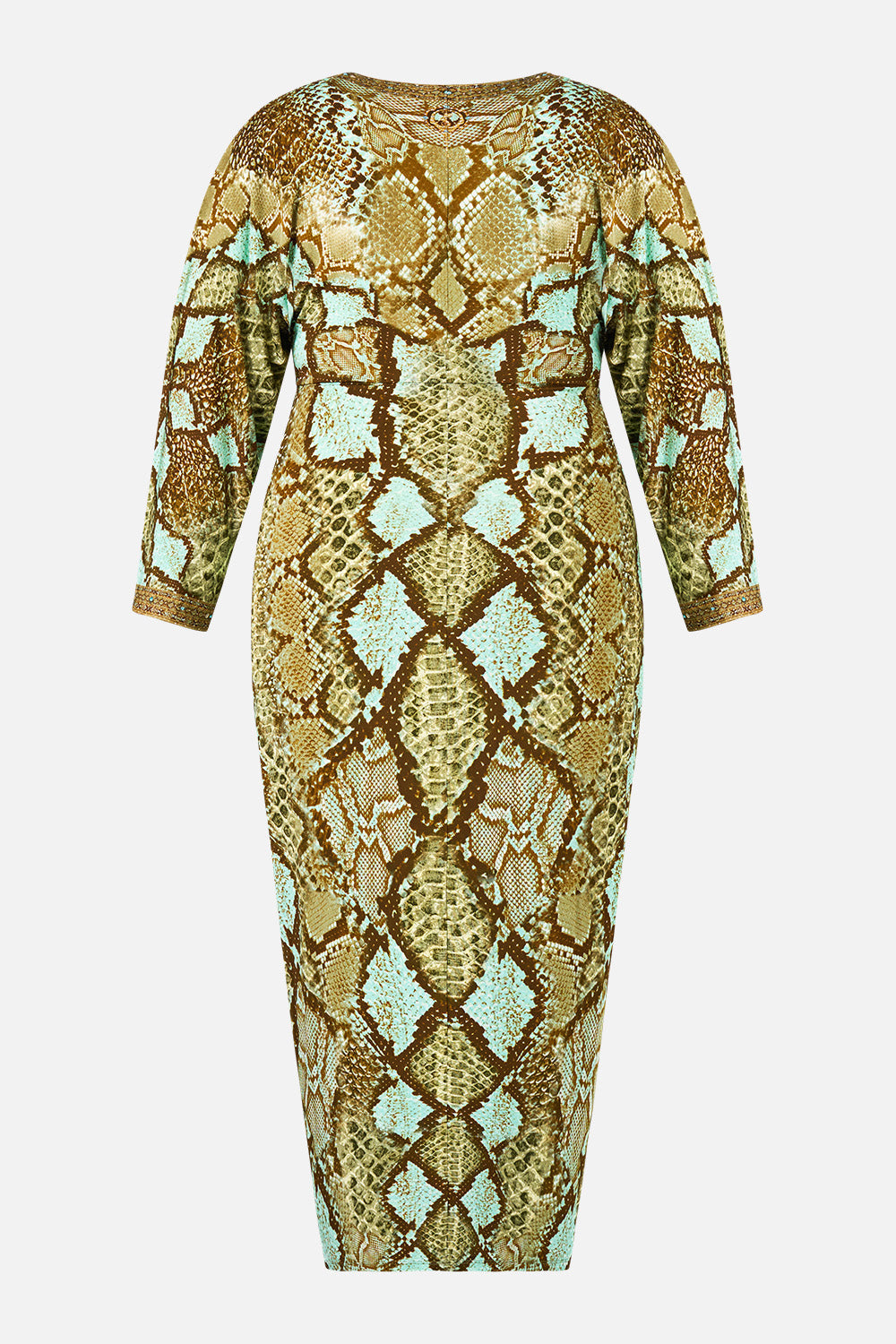 The CAMILLA Long Split Front Twist Dress in Print My Sweet Serpentine. Ghost View Back