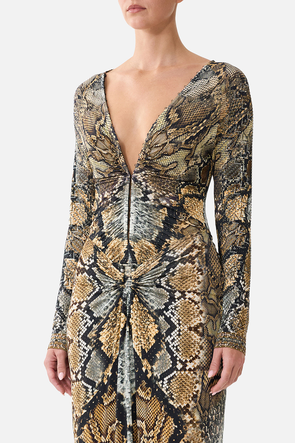 The CAMILLA Gathered V-Neck Long Dress in Print Animalia Heirlooms. Model View