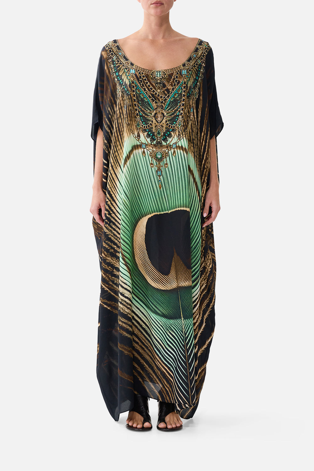 The CAMILLA Round Neck Kaftan in Print A Wink to the Wild. Model View