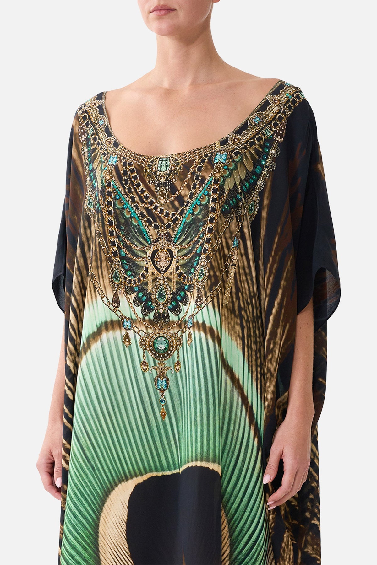 The CAMILLA Round Neck Kaftan in our A Wink to the Wild print, detail view on model.