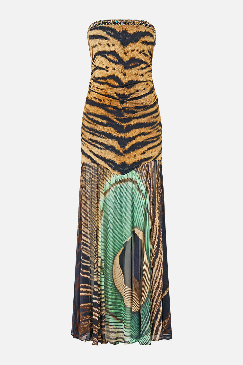 The CAMILLA Strapless Jersey Dress with Silk Panel in our A Wink to the Wild print, front view.