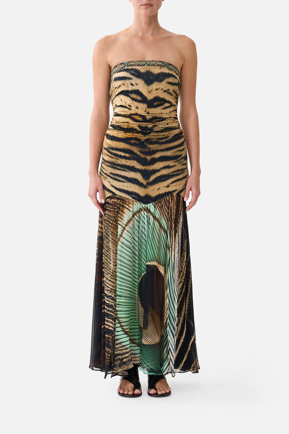 The CAMILLA Strapless Jersey Dress with Silk Panel in our A Wink to the Wild print, front view on model.