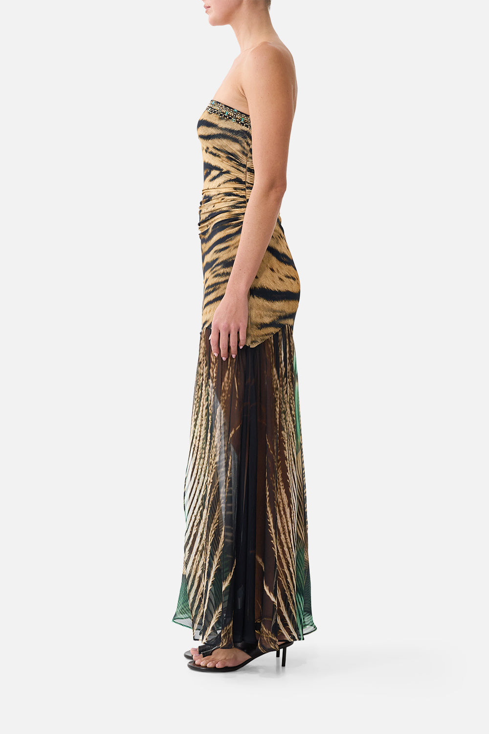 The CAMILLA Strapless Jersey Dress with Silk Panel in our A Wink to the Wild print, side view on model.