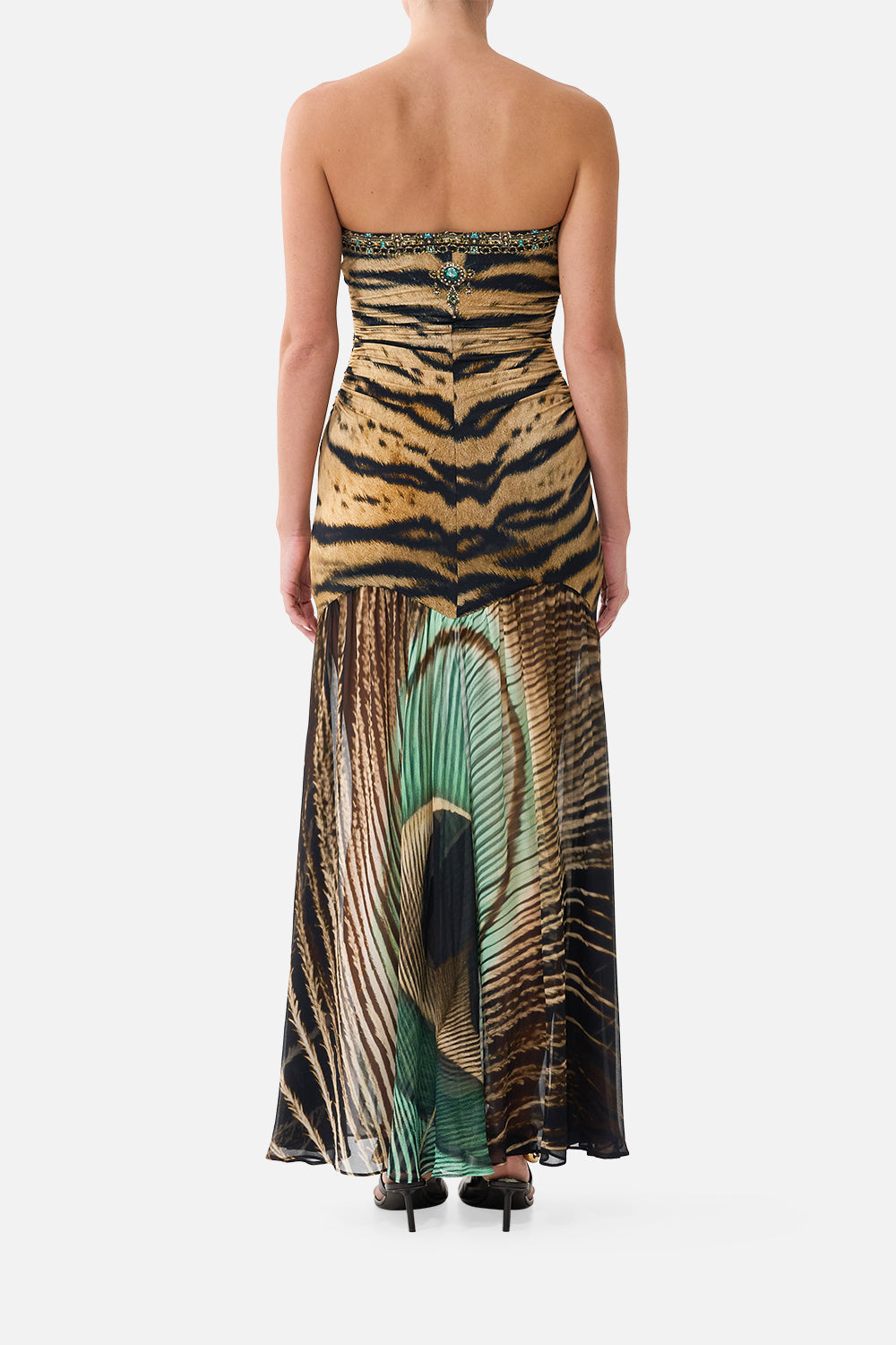 The CAMILLA Strapless Jersey Dress with Silk Panel in our A Wink to the Wild print, back view on model.