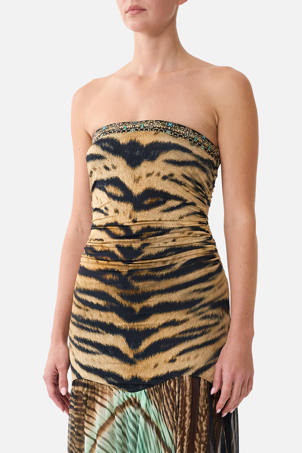 The CAMILLA Strapless Jersey Dress with Silk Panel in our A Wink to the Wild print, detail view on model.