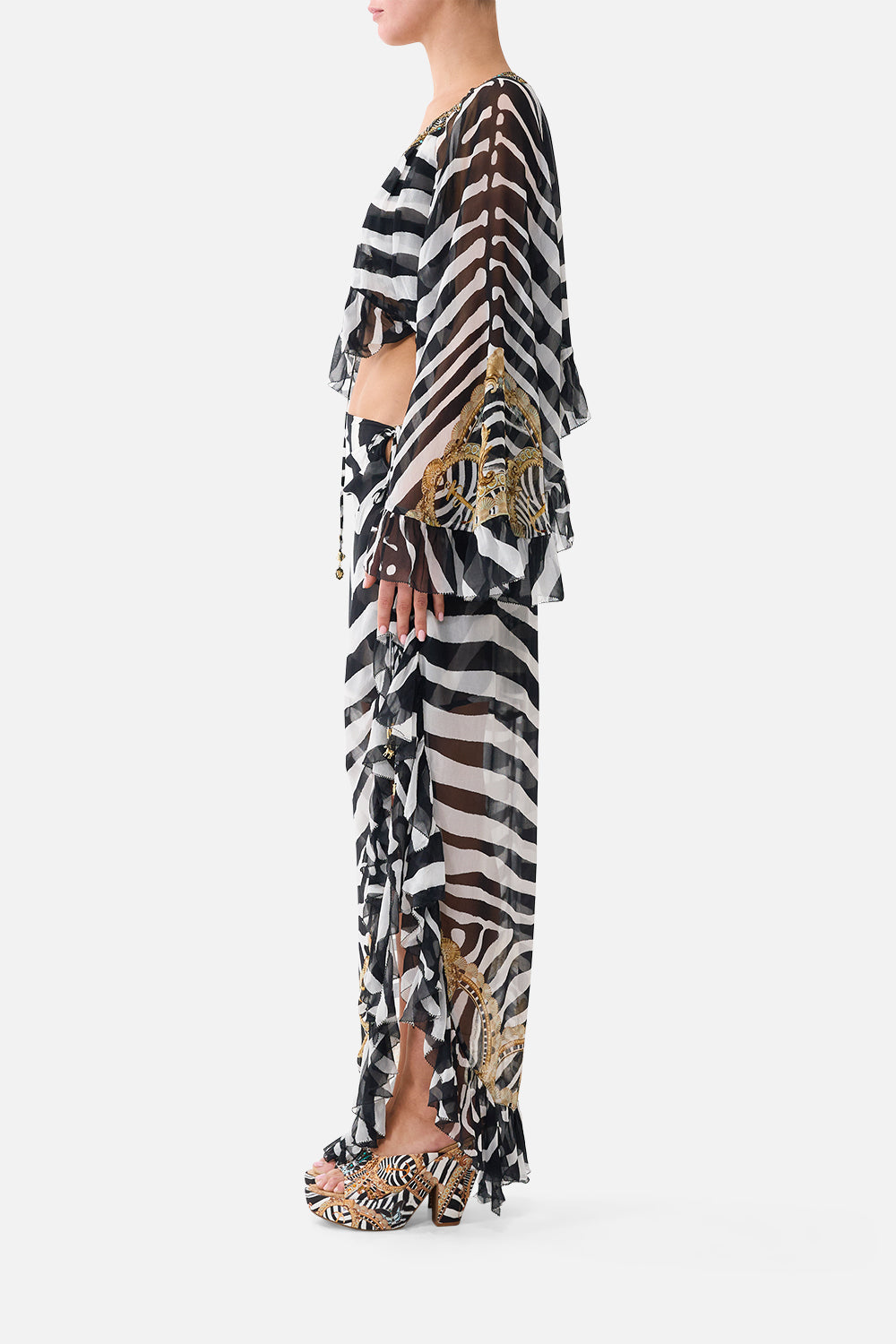 The CAMILLA Crop Ruffle Top in our Zig Zag Zoo print, side view on model.
