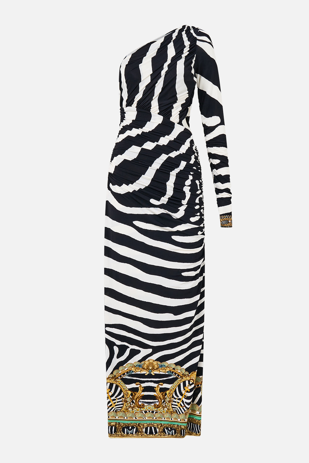 The CAMILLA One Shoulder Jersey Cut Out Dress in our Zig Zag Zoo print, front view.